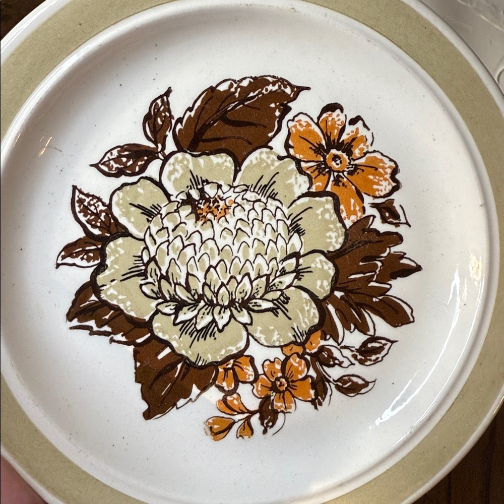 Vintage 70s Floral Stoneware Dinner Plate | Brown Orange Sage Green | Marked USA
